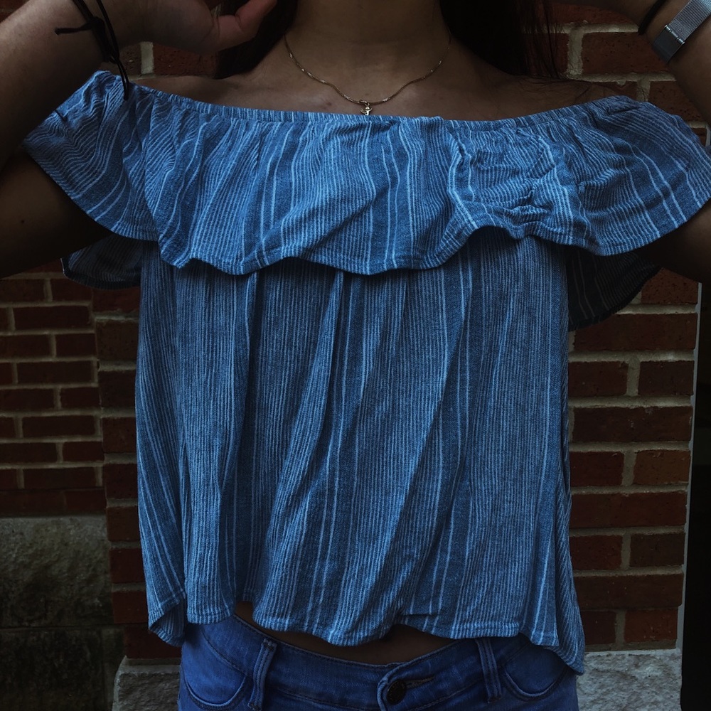 Striped white/pale blue off-the-shoulder top